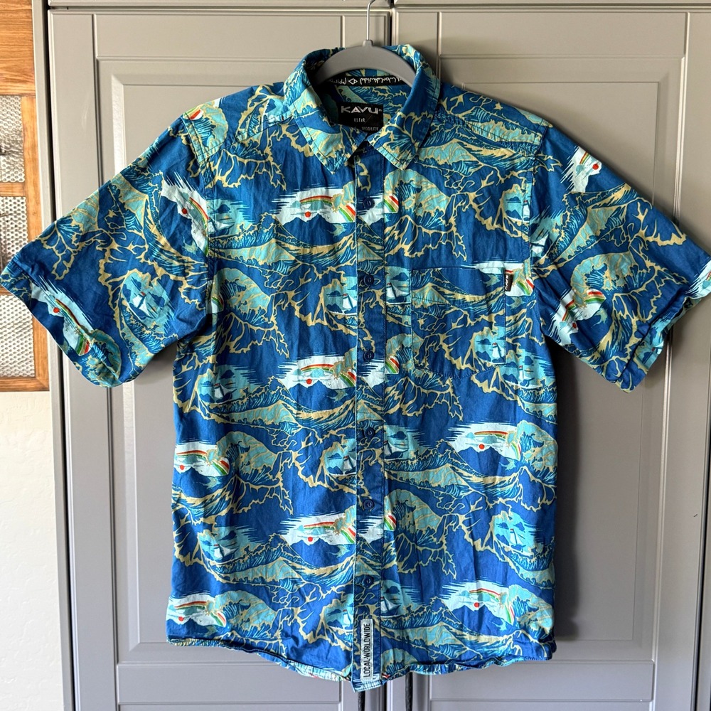 KAVU Mens Tropical Short Sleeve Button Down Aloha Shirt, Blue, XS